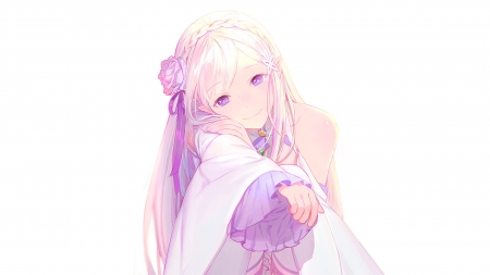 Єтнɛяɛαℓ βɛαʋтʏ - Sweet, Smile, Heavenly, Lovely, Ethereal, Anime, Happy, Long Hair, Elf, Silver Hair, Beautiful, Re Zero Kara Hajimeru Isekai Seikatsu, Purple Eyes, Girl, Re Zero, Blush Scarlet, Emilia, Rose Hairpin, Satella