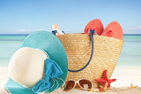 Sunny Beach - shoes, basket, spectacles, hats, sea