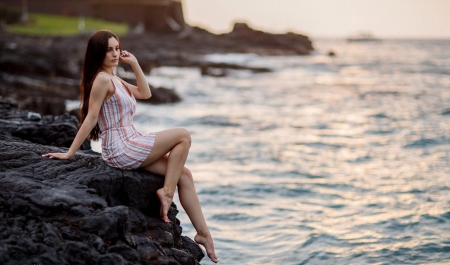 Great place to sit - girl, wonderful, sea, beautiful