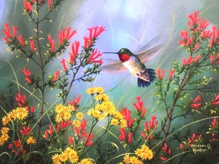 Ruby-Throat - wild flowers, animals, summer, spring, nature, ruby-throat, love four seasons, hummingbird, flowers, paintings, birds