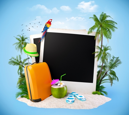 Tropical traveling - coconut, palm trees, suitcase, hat, parrots