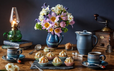 Still Life with Coffee - coffee, lamp, flowers, still life, cakes