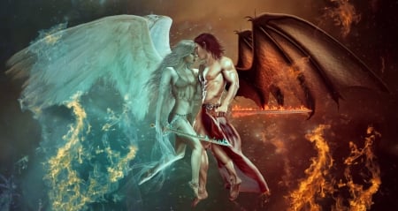 Sky battle - red, demon, girl, blue, wings, fantasy, shiny shadows art, luminos, couple, angel, man