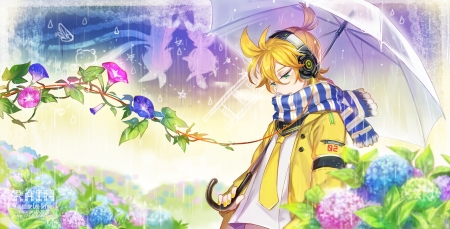 Kagamine Len - anime, yellow, kagamine len, flower, pink, manga, headphones, umbrella, rain, morning glory, hydrangea