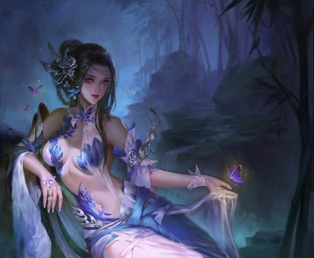 Lady of the lake - frumusete, fantasy, blue, girl, butterfly, lightwing academy, lady of the lake, luminos