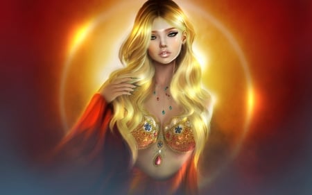 Belly dancer - fantasy, belly dancer, yellow, rendering, girl, orange