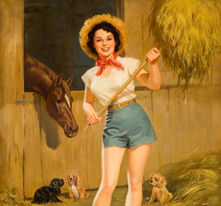 Cowgirl - hat, cowgirl, rolf armstrong, dog, puppy, art, horse, luminos