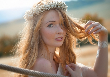 Beauty - woman, redhead, girl, vara, wreath, summer, model, face, blonde