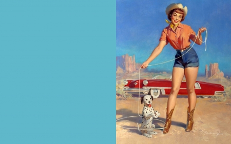 :) - hat, lasso, blue, girl, dog, cowgirl, rolf armstrong, car, vintage, red, puppy, art