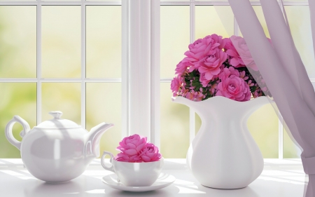 â™¥ - white, tea pot, window, pink, flower, cup, vase