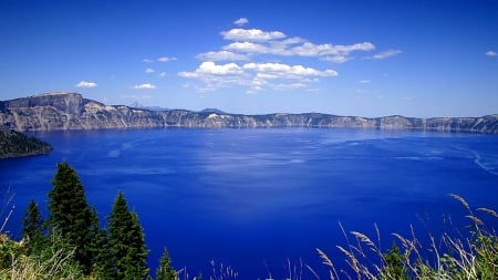 The Lake - trees, hills, summer, blue, refreshing, spring, grass, forest, Firefox Persona theme, lake, sky