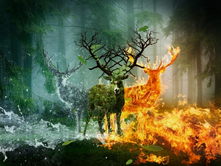 Fantasy deers - forest, luminos, orange, green, deer, fire, fantasy