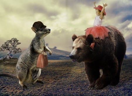 :D - hat, girl, bear, child, copil, funny, fantasy, creative, situation, pink, animal, cangaroo