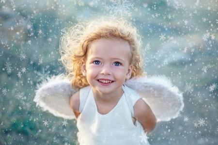 Little angel - girl, angel, child, copil, white, blue, winga, cute, blonde