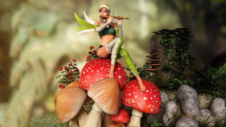 Fairy - fantasy, instrument, mushroom, red, green, flute, girl, fairy