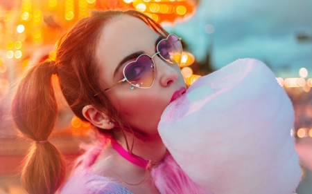 â™¥ - face, pink, model, girl, monica sariego, cotton candy, orange, woman, sunglasses