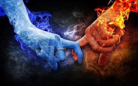 â™¥ - ice, couple, blue, hand, orange, valentine, fire, fantasy