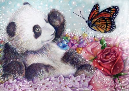 â™¥ - cub, butterfly, art, pink, panda, cute, rose, flower