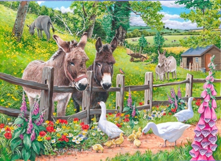 Jack and Jenny - bird, animal, summer, donkey, green, pasare, art, pink