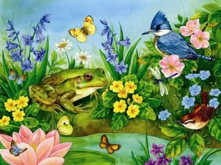 Garden pond - frog, jane maday, pasare, bird, lotus, art, butterfly, yellow, pink, green, garden, pond, flower