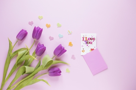 I love you - valentine, mother, card, flower, day, pink, tulip