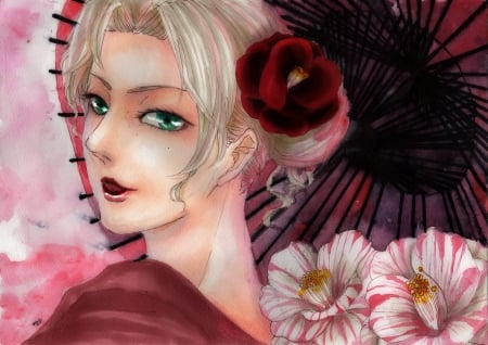 Girl - face, red, flower, pink, anime, girl, umbrella, manga, geisha