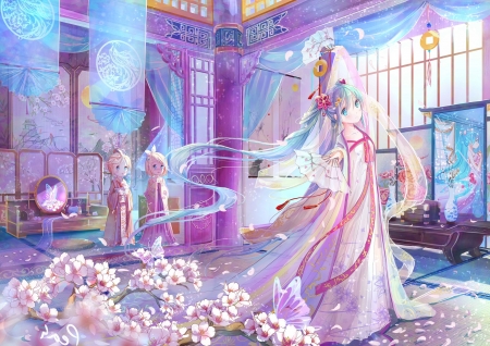 Miku - mirror, pink, vocaloid, anime, girl, blue, manga, peas, hatsune miku