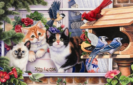 Springtime - bird, springtime, jenny newland, cat, pisica, blue jay, kitten, cute, art