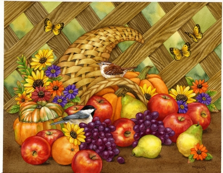 Cornucopia - autumn, butterfly, art, cornucopia, apple, fruit, bird