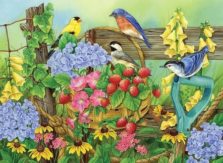 Songbirds - bird, summer, flower, colorful, garden, fruit, pasare, art, vara