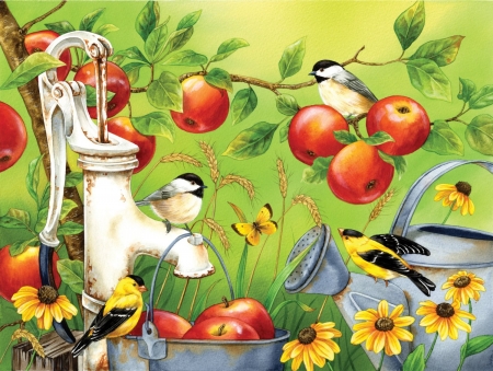 Songbirds - bird, summer, flower, red, green, garden, pasare, apple, art, vara