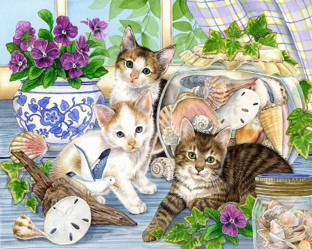 Kittens - pansy, cat, animal, pisica, cute, flower, kitten