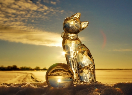 Cat - pisica, yellow, chinese, figurine, cat, glass, year