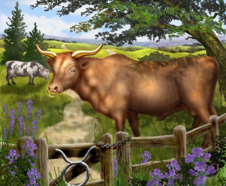 Taurus - fence, cows, trees, landscape, digital