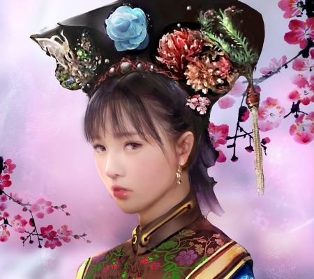 Empress - empress, girl, flower, pink, fantasy, jowy anderson, face, asian, luminos