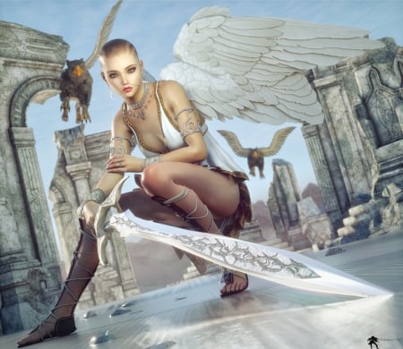 Angel - wings, lamusrie, rendering, fantasy, valkyrie, girl, angel