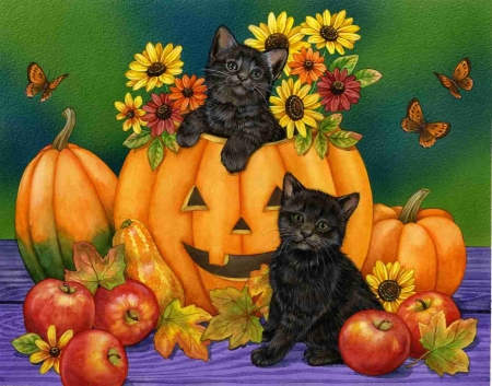 Happy Halloween! - apple, flower, cute, black, cat, pumpkin, art, pisica, kitten, orange, autumn, green