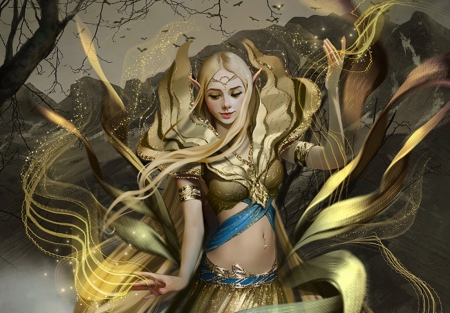 Arwyn - fantasy, blue, girl, svetlana tigai, golden, luminos