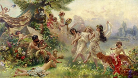 Happy Arcadia - dancer, konstantin makovski, arcadia, angel, man, pictura, painting, woman, flute, art, luminos, cupido