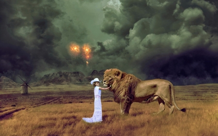 Cowgirl And Lion - Cowgirl, Windmill, Fire, Lion, Hat