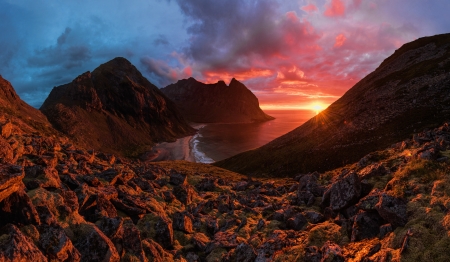 Coast of Norway at Sunset - clouds, sunset, nature, coast, landscape, sea, norway, mountains