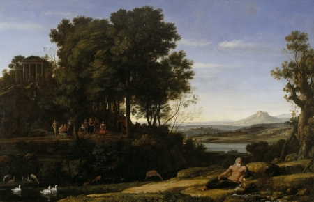 Landscape with Apollo and the Muses - muse, landscape, god, tree, pictura, painting, calude lorrain, art, apollo