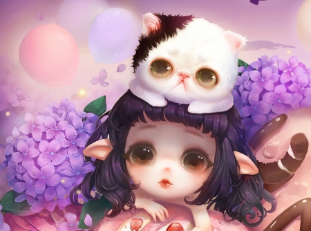 Little elf girl with kitten - elf, cat, girl, hydrangea, pisica, fantasy, kitten, milkyu dong, pink, luminos, flower