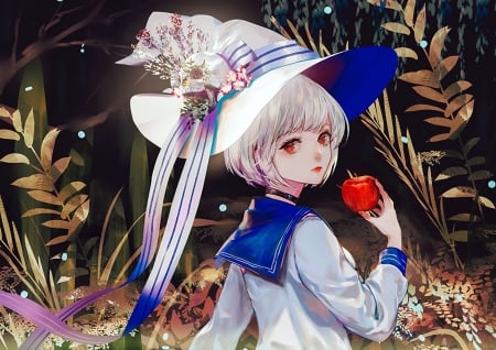 The apple - hat, girl, white, bow, blue, red, anime, say hana, apple, manga