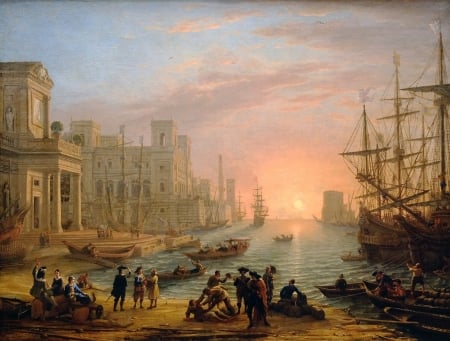 Louvre Gellee port au soleil couchant - painting, art, claude lorrain, pictura, sunset