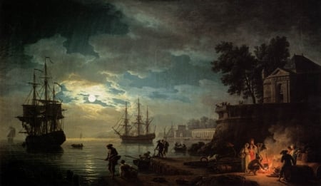 Night - A Port In The Moonlight - moon, painting, art, night, pictura, luna, claude lorraine, port