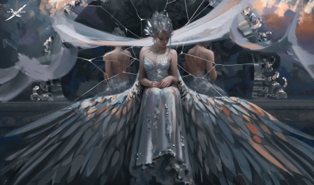 Mirror - elf, girl, wlop, fantasy, grey, luminos, mirror, feather, dress