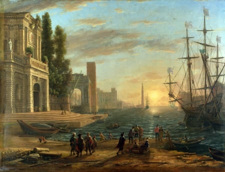 Sunset - claude lorrain, pictura, sunset, painting, ship, port, art