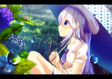 Kafuu Chino - girl, kafuu chino, frog, chinomaron, purple, umbrella, pink, blue, anime, manga