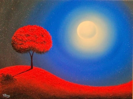 Moonlight - moon, blue, night, tree, pictura, red, painting, rachel bingaman, art, luna